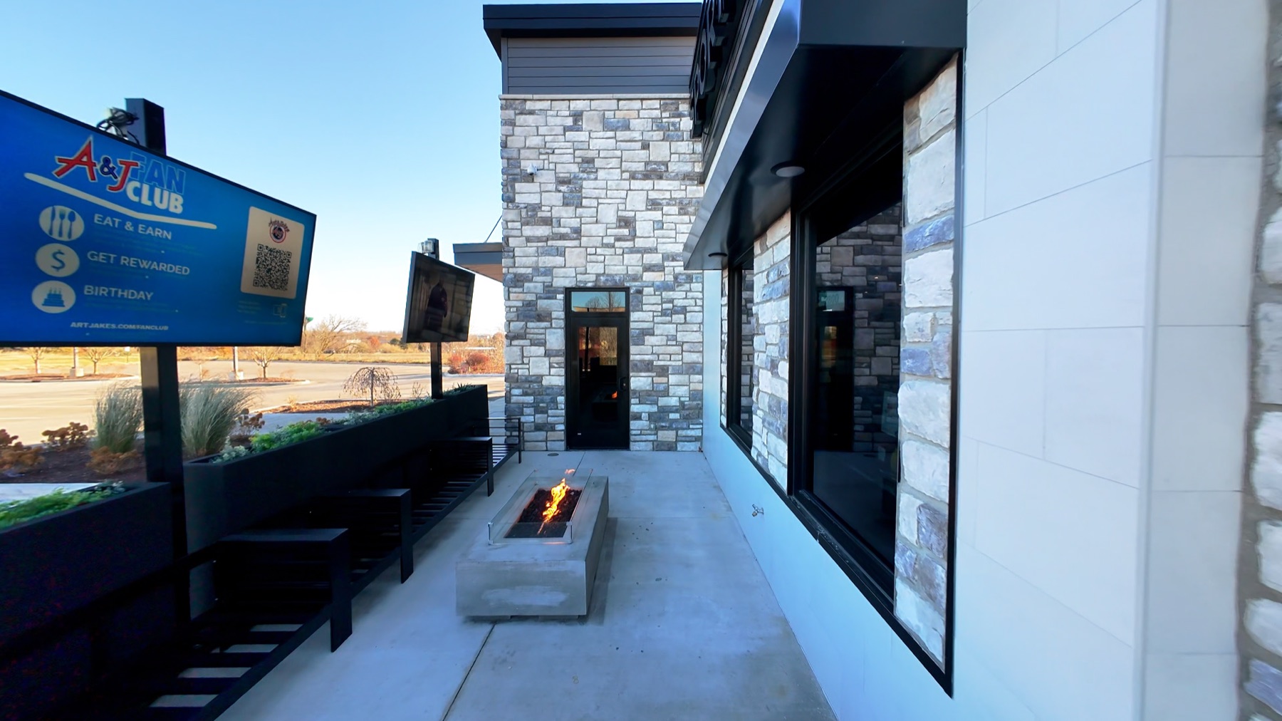 The patio and fireside seating